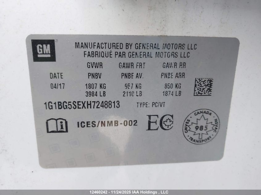 2017 Chevrolet Cruze VIN: 1G1BG5SEXH7248813 Lot: 12460242