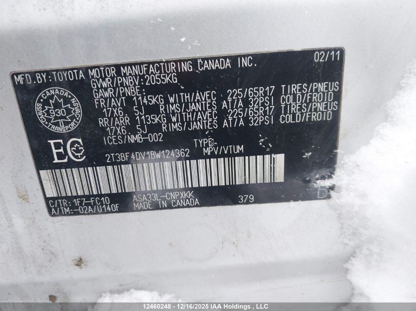 2011 Toyota Rav4 VIN: 2T3BF4DV1BW124362 Lot: 12460248