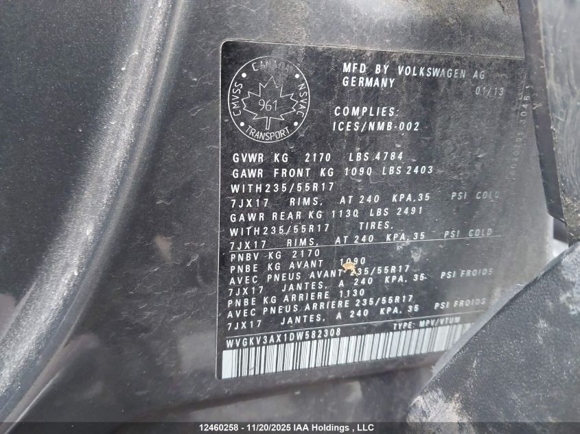 2013 Volkswagen Tiguan VIN: WVGKV3AX1DW582308 Lot: 12460258