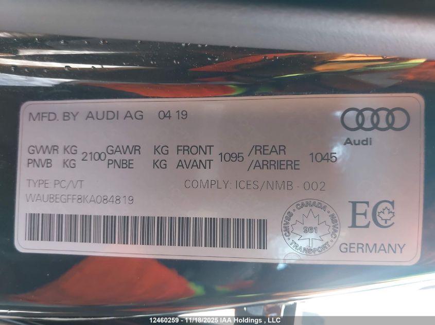 2019 Audi A3 VIN: WAUBEGFF8KA084819 Lot: 12460259