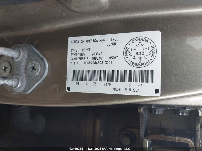 1HGCP26848A813009 2008 HONDA ACCORD photo no. 9