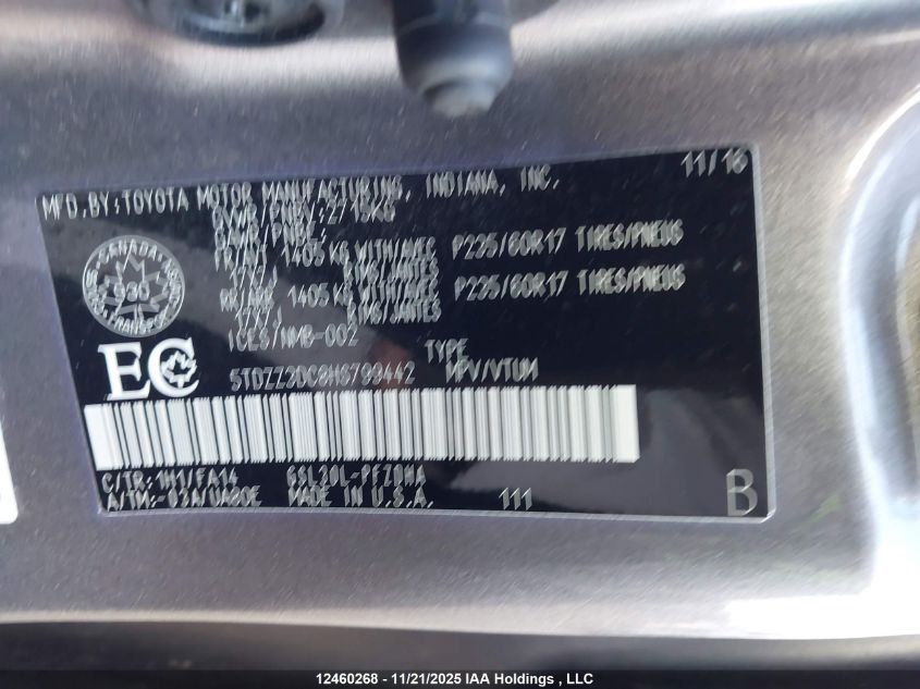 2017 Toyota Sienna VIN: 5TDZZ3DC8HS799442 Lot: 12460268