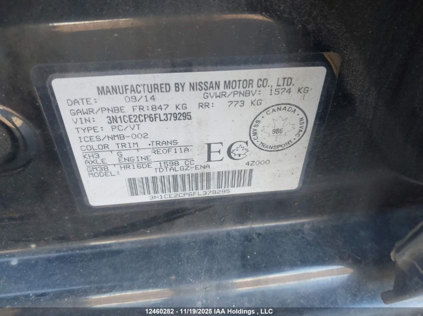 2015 Nissan Versa Note S/S Plus/Sv/Sl/Sr VIN: 3N1CE2CP6FL379295 Lot: 12460282