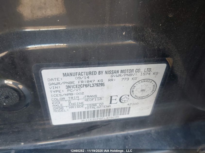 2015 Nissan Versa Note S/S Plus/Sv/Sl/Sr VIN: 3N1CE2CP6FL379295 Lot: 12460282