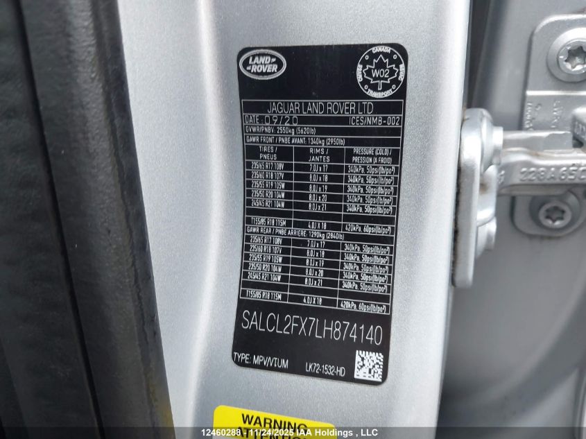 2020 Land Rover Discovery Sport Se R-Dynamic VIN: SALCL2FX7LH874140 Lot: 12460288