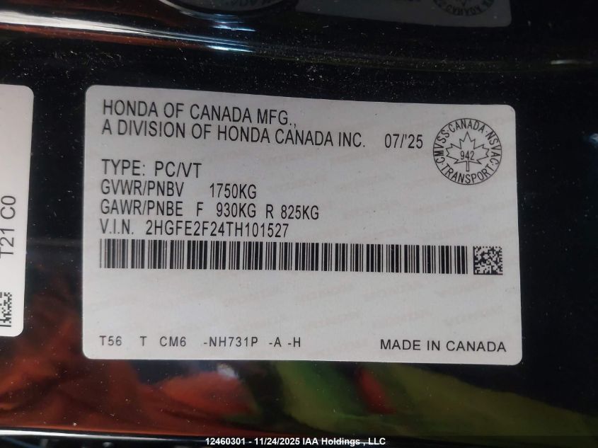 2026 Honda Civic Lx VIN: 2HGFE2F24TH101527 Lot: 12460301