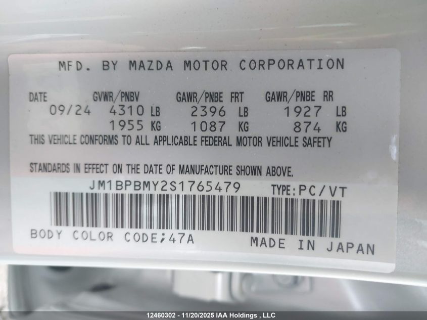 2025 Mazda Mazda3 VIN: JM1BPBMY2S1765479 Lot: 12460302