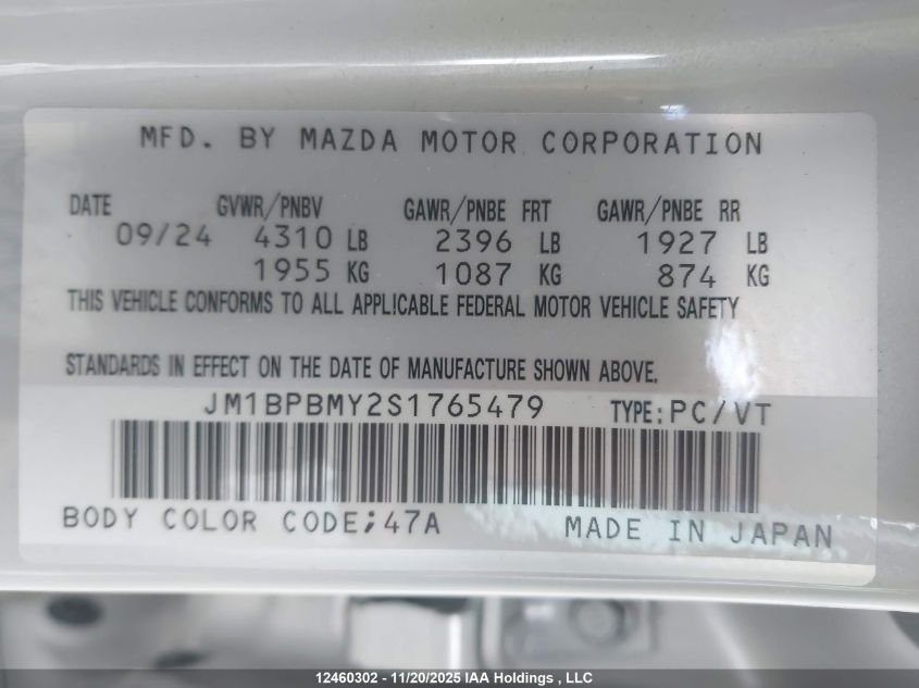 2025 Mazda Mazda3 VIN: JM1BPBMY2S1765479 Lot: 12460302