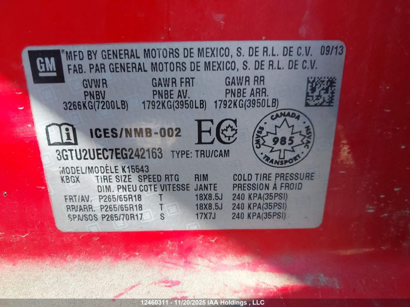 2014 GMC Sierra K1500 Sle VIN: 3GTU2UEC7EG242163 Lot: 12460311