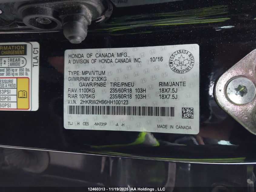 2017 Honda Cr-V Touring VIN: 2HKRW2H96HH100123 Lot: 12460313