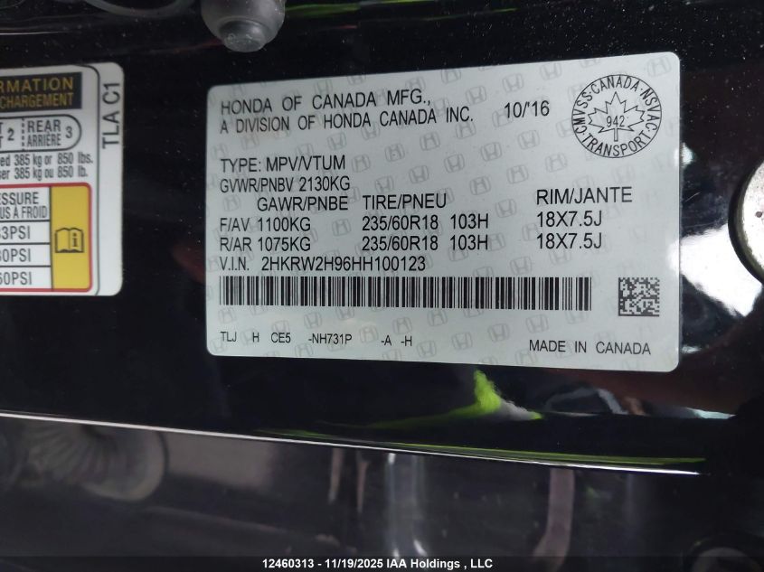 2017 Honda Cr-V Touring VIN: 2HKRW2H96HH100123 Lot: 12460313