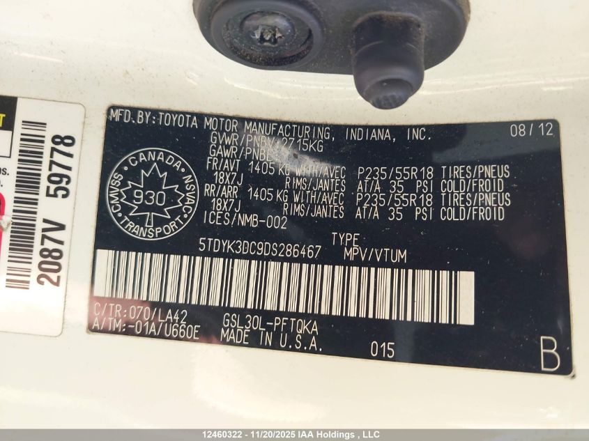 2013 Toyota Sienna Xle/Limited VIN: 5TDYK3DC9DS286467 Lot: 12460322