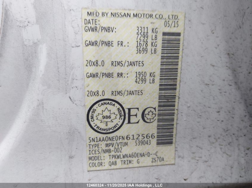 2015 Nissan Armada Platinum VIN: 5N1AA0NE0FN612566 Lot: 12460324