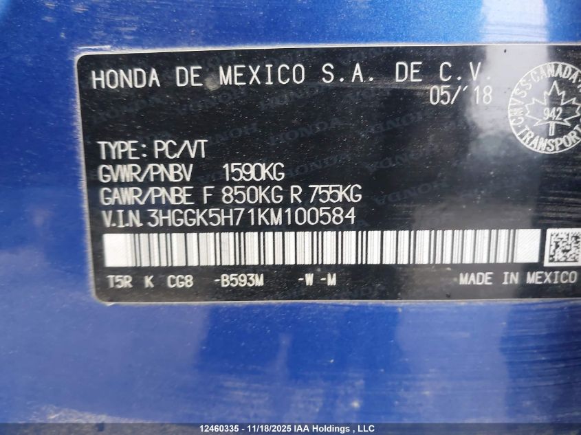 2019 Honda Fit Sport VIN: 3HGGK5H71KM100584 Lot: 12460335