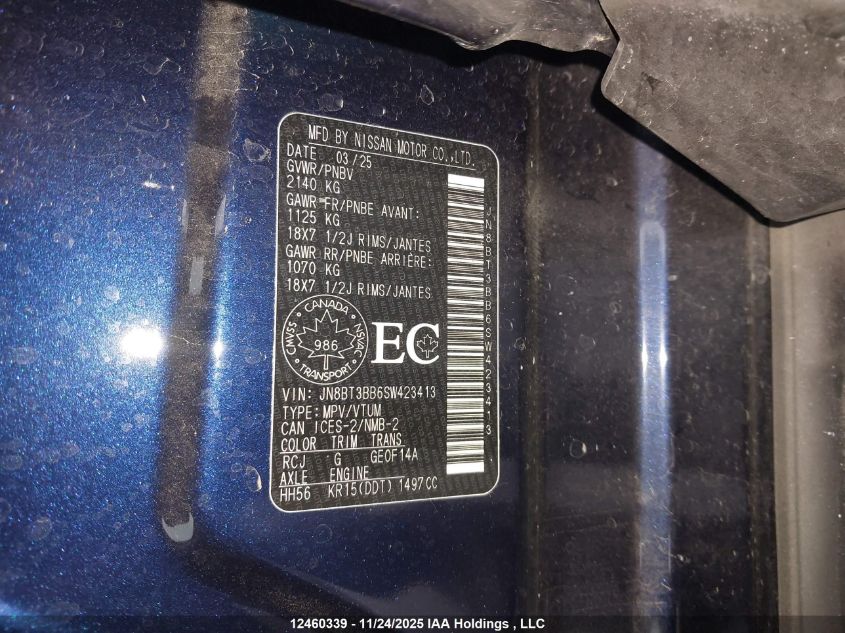 2025 Nissan Rogue Sv/Rc VIN: JN8BT3BB6SW423413 Lot: 12460339