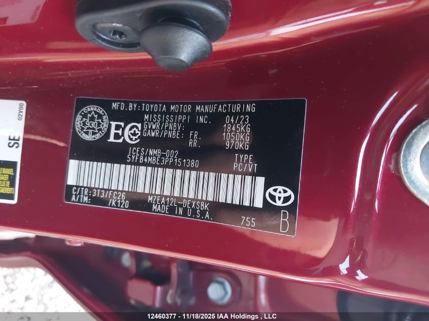 2023 Toyota Corolla VIN: 5YFB4MBE3PP151380 Lot: 12460377