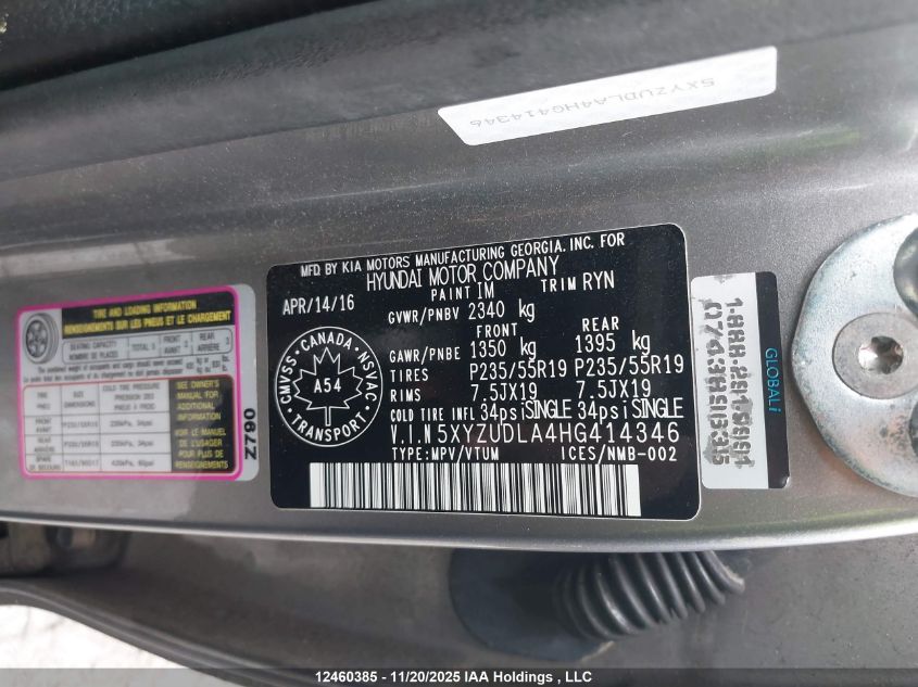 2017 Hyundai Santa Fe Sport VIN: 5XYZUDLA4HG414346 Lot: 12460385