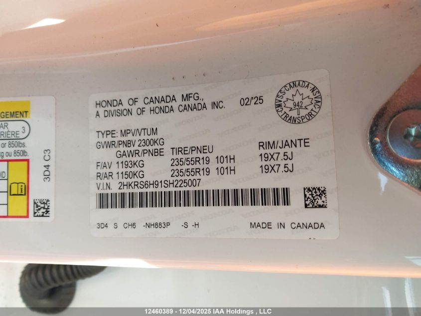 2025 Honda Cr-V Touring Hybrid VIN: 2HKRS6H91SH225007 Lot: 12460389