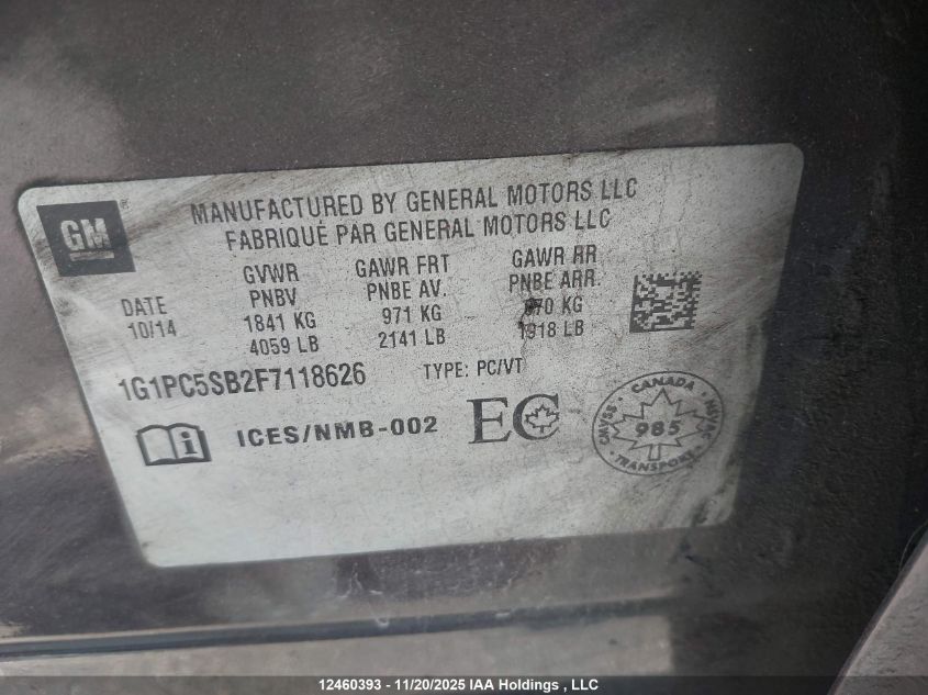 2015 Chevrolet Cruze Lt VIN: 1G1PC5SB2F7118626 Lot: 12460393