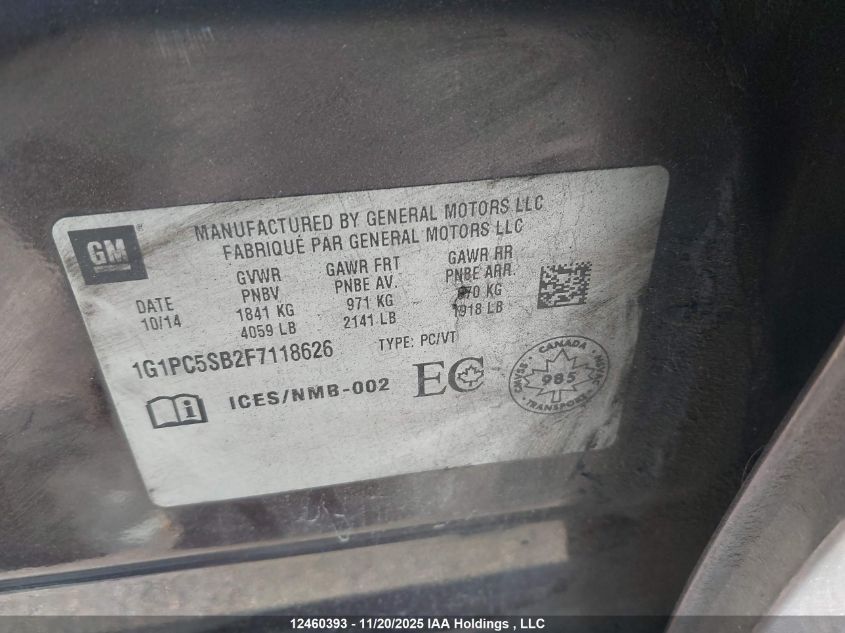 2015 Chevrolet Cruze Lt VIN: 1G1PC5SB2F7118626 Lot: 12460393