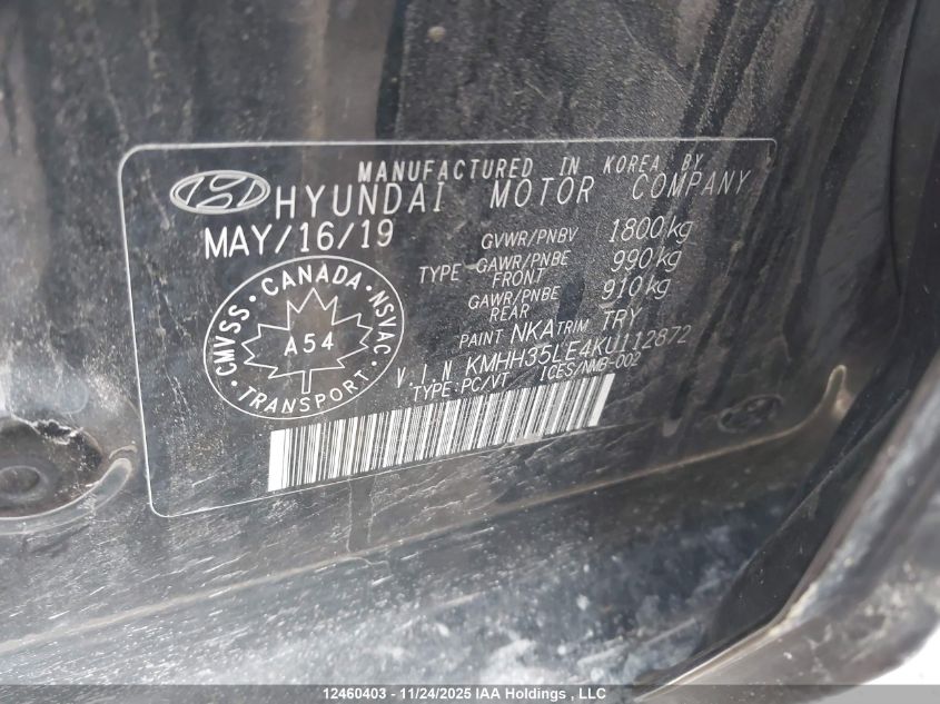 2019 Hyundai Elantra Gt Preferred VIN: KMHH35LE4KU112872 Lot: 12460403