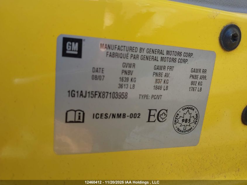 2008 Chevrolet Cobalt Ls VIN: 1G1AJ15FX87103958 Lot: 12460412
