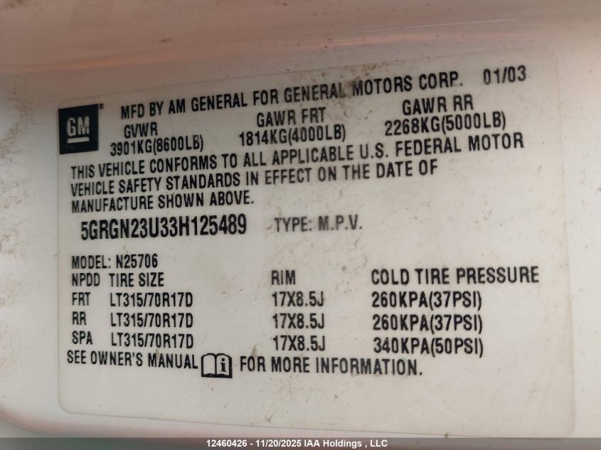 2003 Hummer H2 VIN: 5GRGN23U33H125489 Lot: 12460426