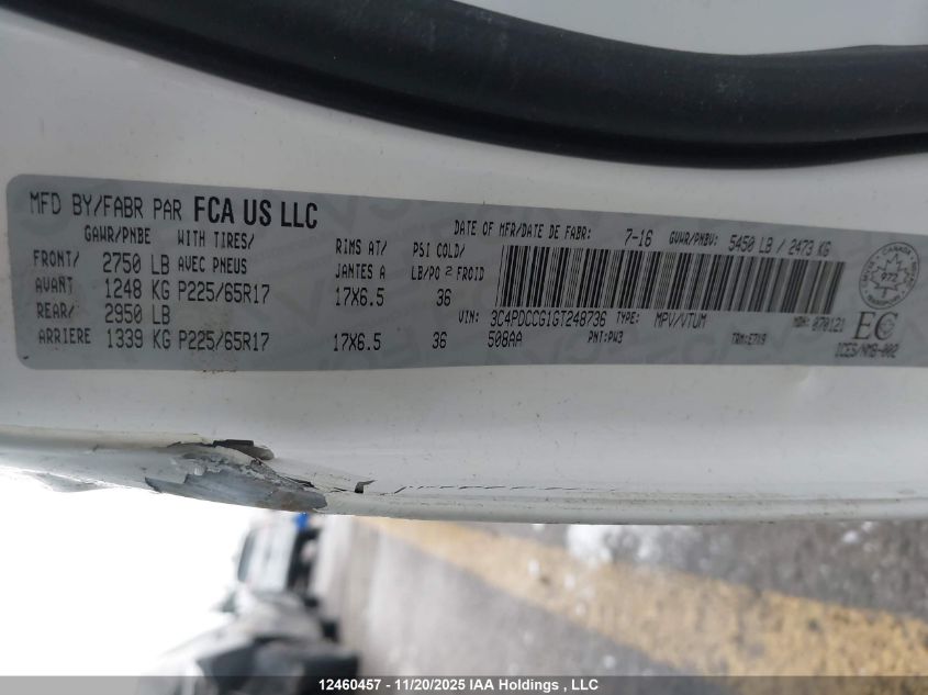 2016 Dodge Journey VIN: 3C4PDCCG1GT248736 Lot: 12460457