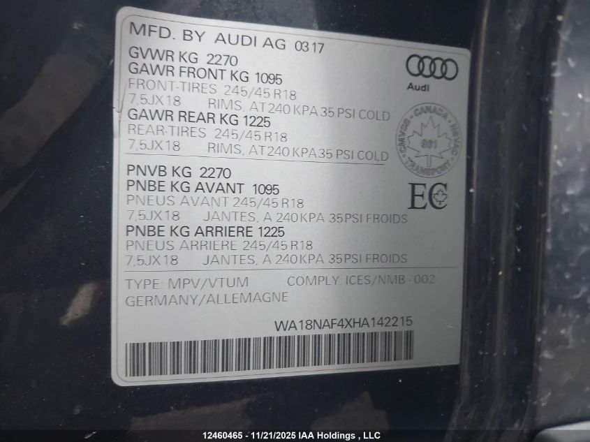 2017 Audi A4 Allroad Premium Plus VIN: WA18NAF4XHA142215 Lot: 12460465