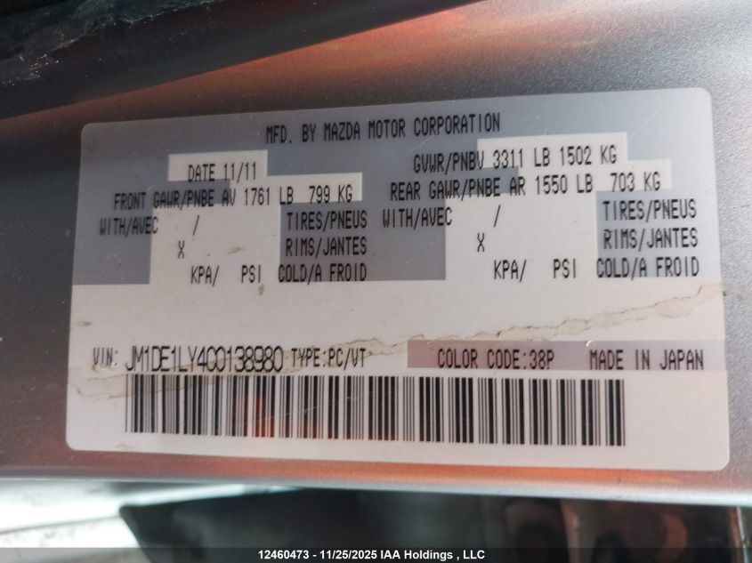 2012 Mazda Mazda2 Gs VIN: JM1DE1LY4C0138980 Lot: 12460473