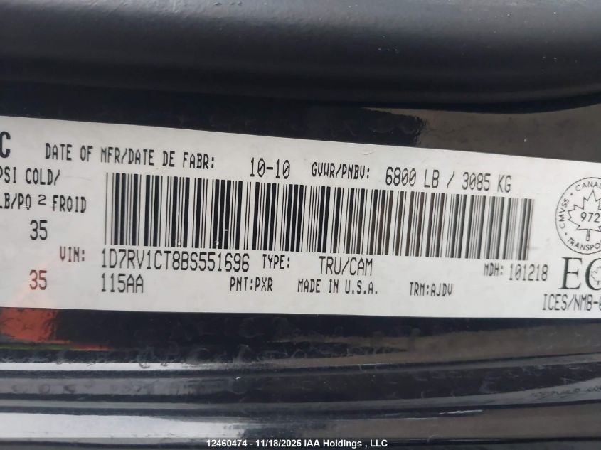 2011 Ram Ram 1500 Sport VIN: 1D7RV1CT8BS551696 Lot: 12460474