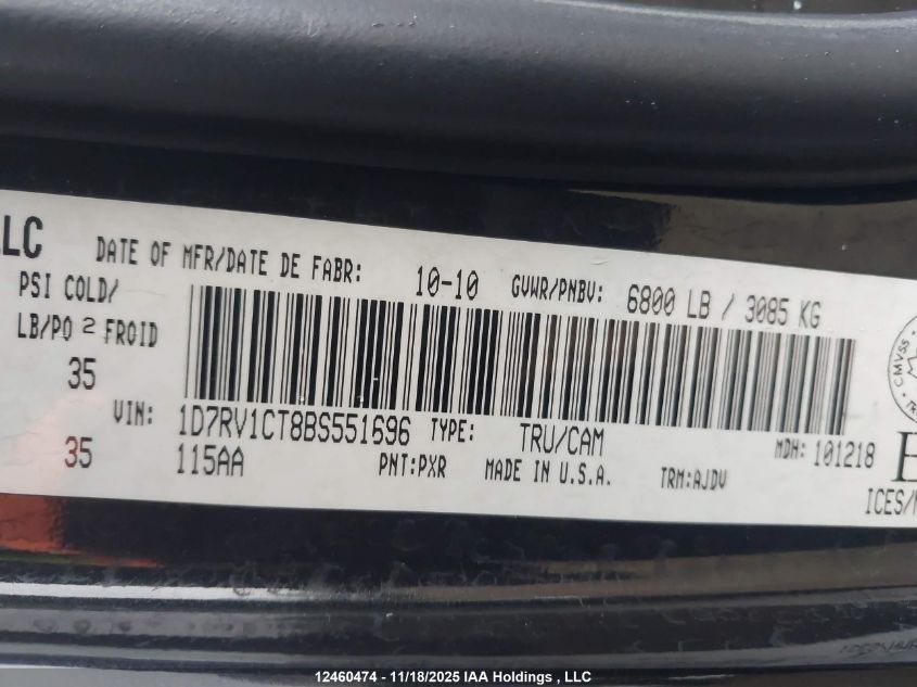 2011 Ram Ram 1500 Sport VIN: 1D7RV1CT8BS551696 Lot: 12460474