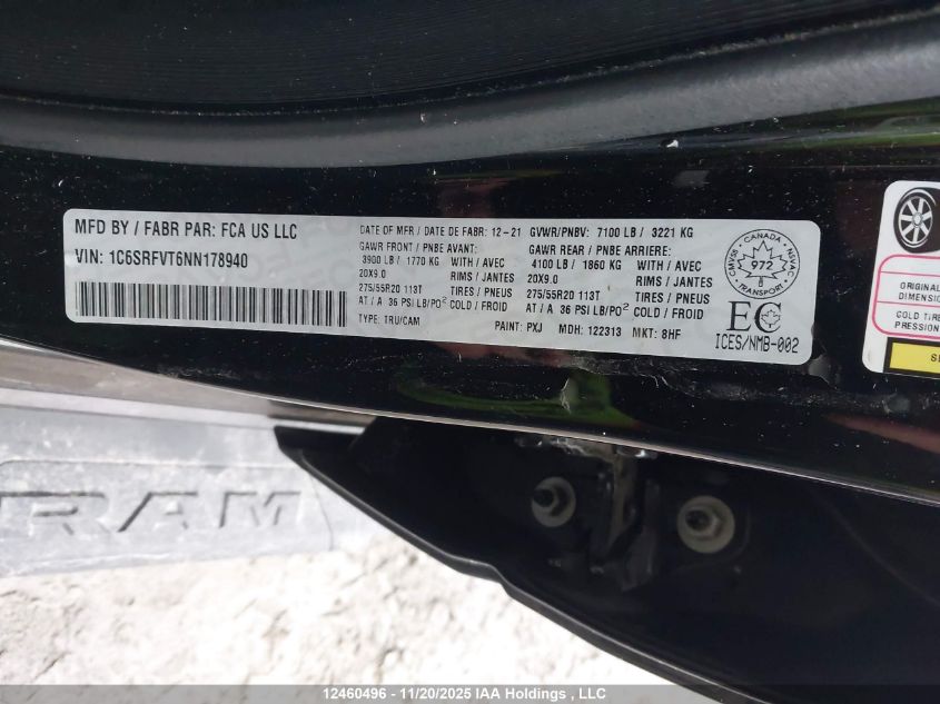 2022 Dodge Ram 1500 VIN: 1C6SRFVT6NN178940 Lot: 12460496