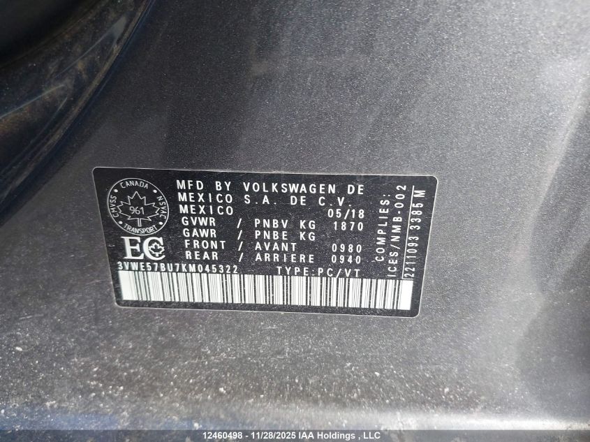 2019 Volkswagen Jetta 1.4 Tsi Highline VIN: 3VWE57BU7KM045322 Lot: 12460498