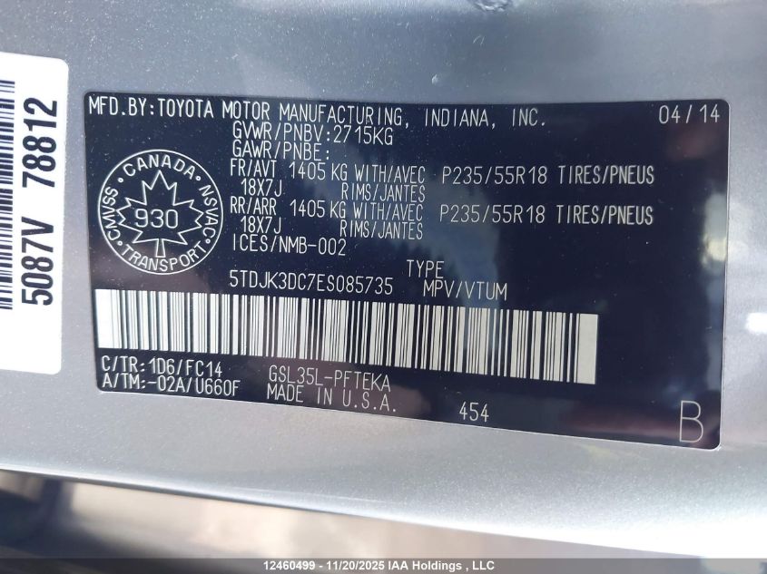 2014 Toyota Sienna Le 7 Passenger VIN: 5TDJK3DC7ES085735 Lot: 12460499