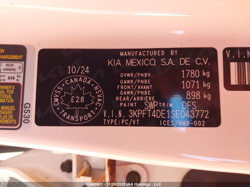 2025 Kia K4 Lx VIN: 3KPFT4DE1SE043772 Lot: 12460501