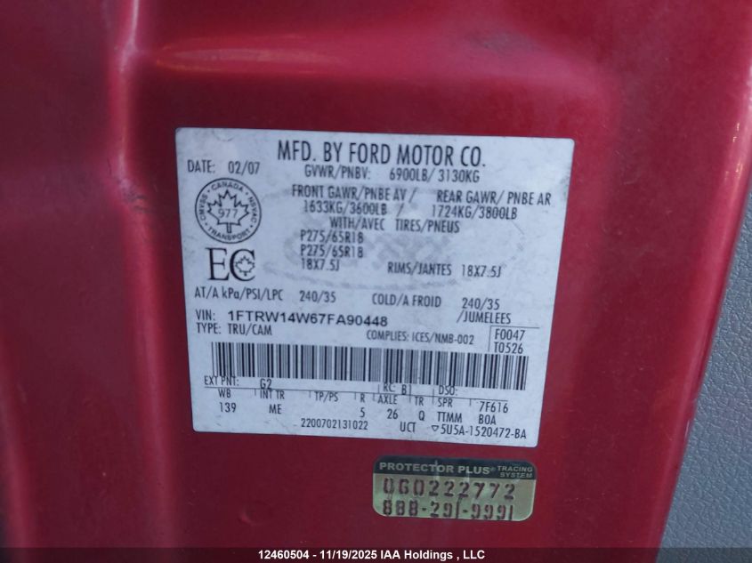 2007 Ford F150 Supercrew VIN: 1FTRW14W67FA90448 Lot: 12460504