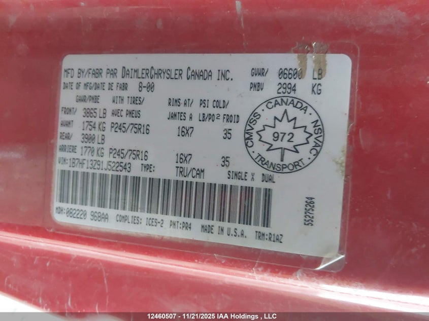 1B7HF13Z91J522543 2001 DODGE RAM photo no. 18