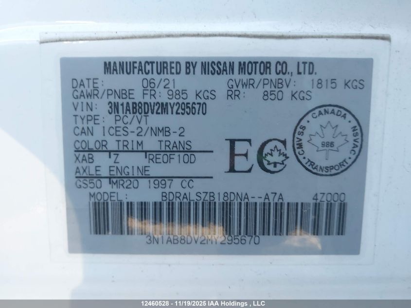2021 Nissan Sentra Sr VIN: 3N1AB8DV2MY295670 Lot: 12460528