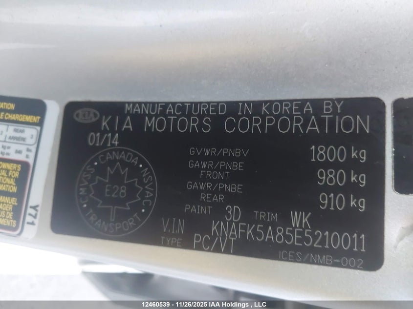 2014 Kia Forte 2.0L Ex/2.0L Lx+ VIN: KNAFK5A85E5210011 Lot: 12460539