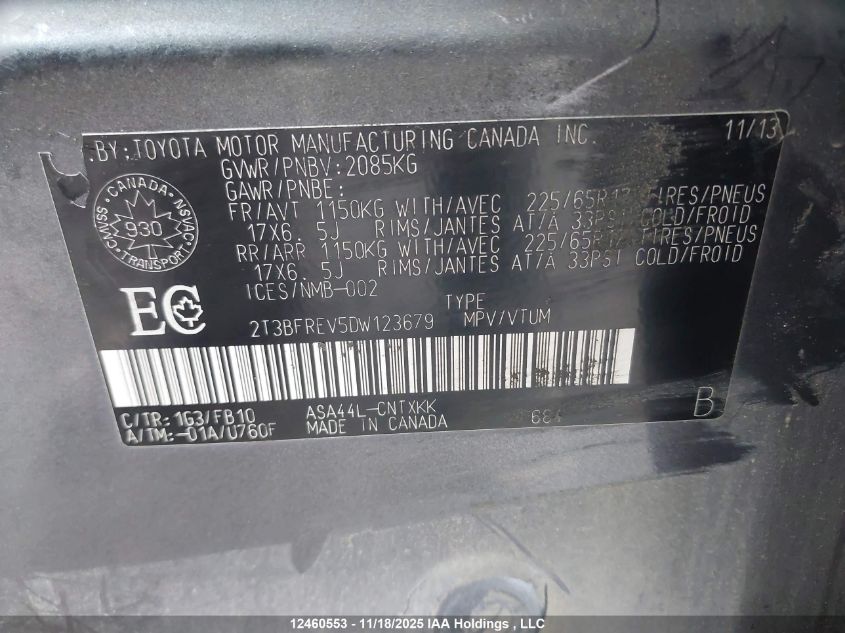 2013 Toyota Rav4 Le VIN: 2T3BFREV5DW123679 Lot: 12460553