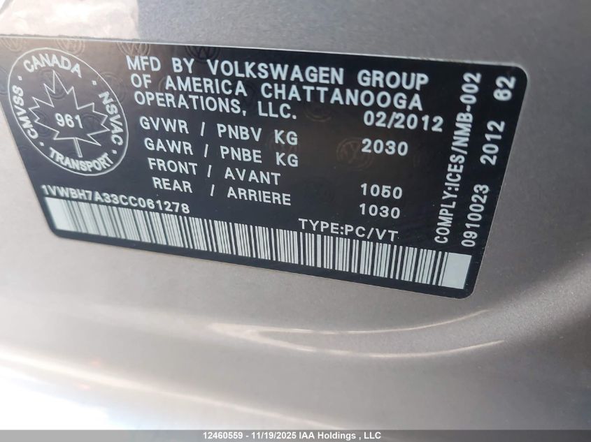 2012 Volkswagen Passat Se VIN: 1VWBH7A33CC061278 Lot: 12460559