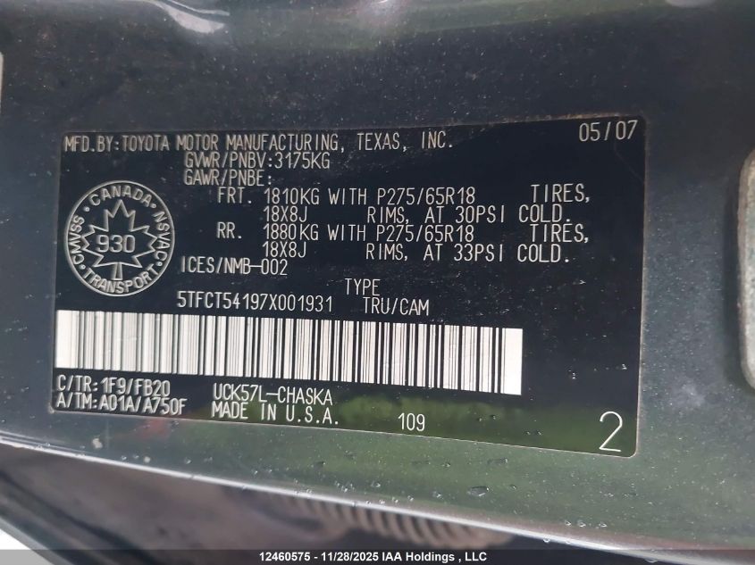 2007 Toyota Tundra Sr5 4.7L V8 VIN: 5TFCT54197X001931 Lot: 12460575