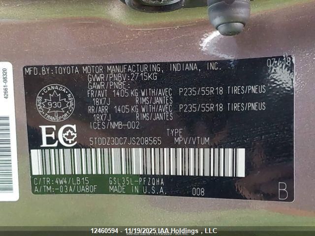 2018 Toyota Sienna Xle/Xle Premium/Limited/Limited Premium VIN: 5TDDZ3DC7JS208565 Lot: 12460594