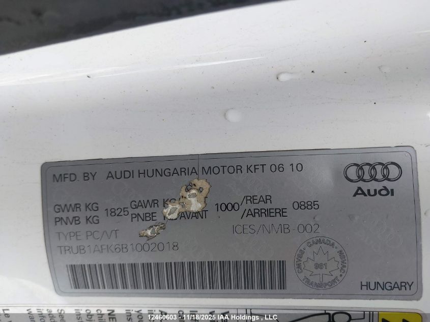 2011 Audi Tts Premium VIN: TRUB1AFK6B1002018 Lot: 12460603