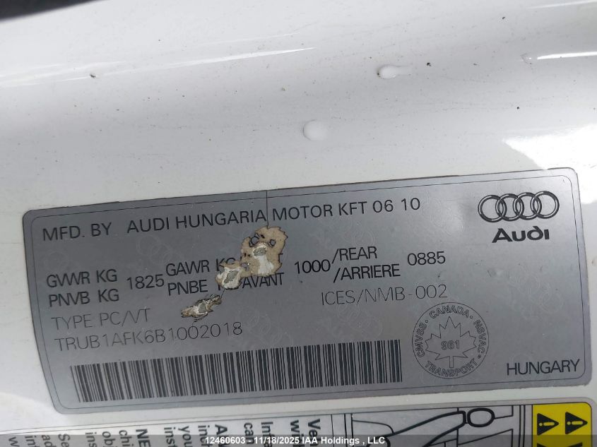 2011 Audi Tts Premium VIN: TRUB1AFK6B1002018 Lot: 12460603