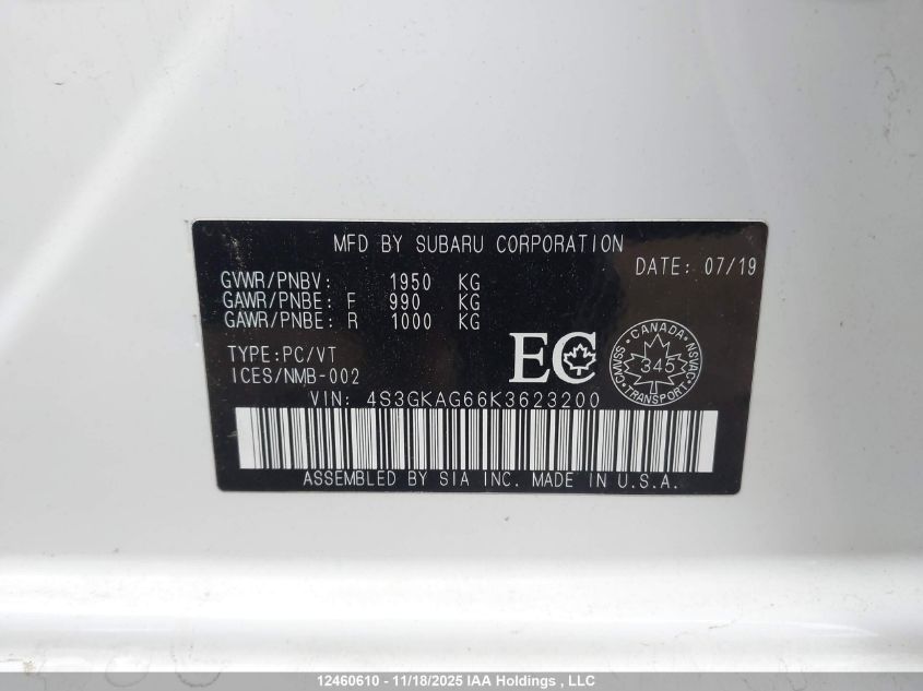2019 Subaru Impreza VIN: 4S3GKAG66K3623200 Lot: 12460610