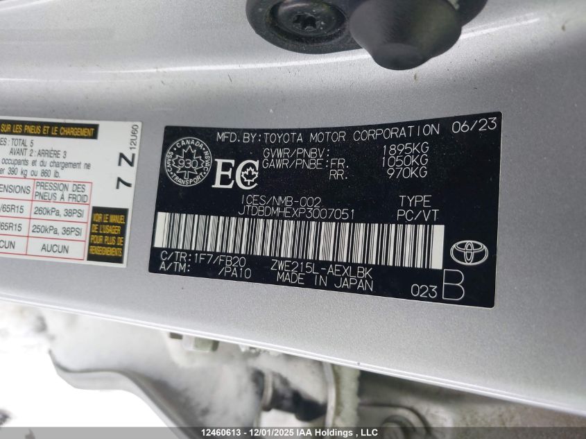 2023 Toyota Corolla Hybrid VIN: JTDBDMHEXP3007051 Lot: 12460613