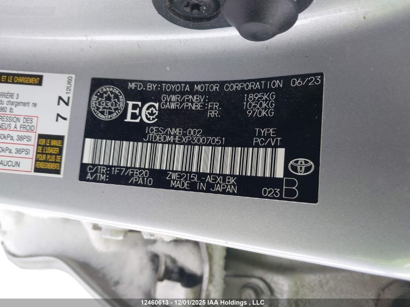 2023 Toyota Corolla Hybrid VIN: JTDBDMHEXP3007051 Lot: 12460613