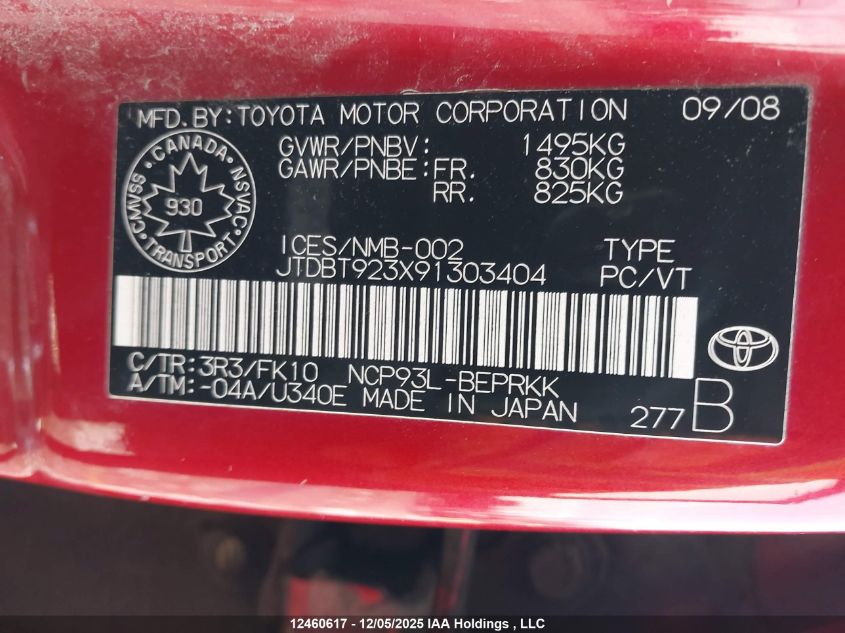 2009 Toyota Yaris VIN: JTDBT923X91303404 Lot: 12460617